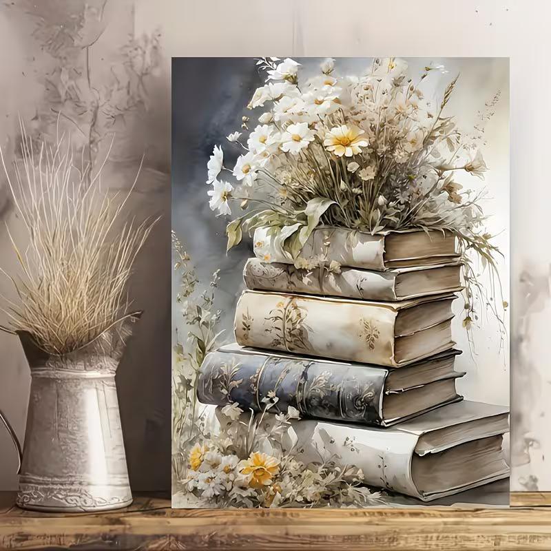 1pc Inspirational Canvas Wall Art - Book & Flower Design, Vintage Aged Books with Dried Flowers, Perfect for Living Room, Bedroom, or Office Decor