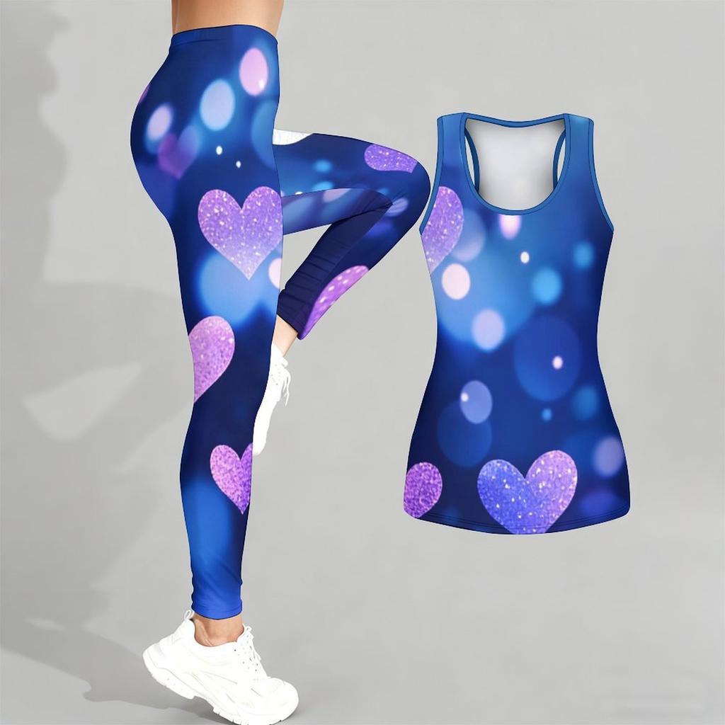 Heart Shaped Pattern Print Yoga Outfit for Women Fashion Workout Leggings Fitness Sports Casual Yoga Set Sports Suit Valentine's Day Exclusive