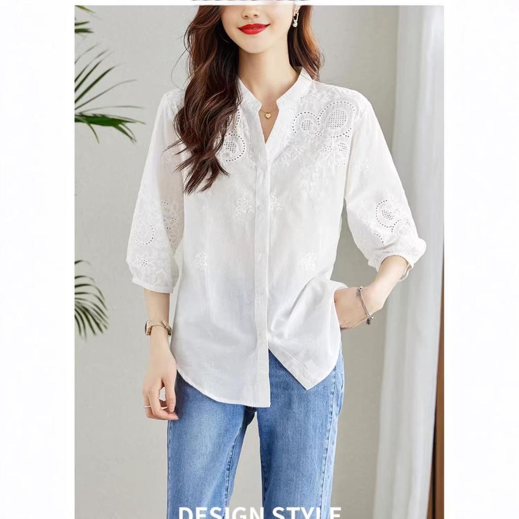 Embroidered White 3/4 Sleeve Hollow Summer Top - Slim Fashion Design, Loose Fit