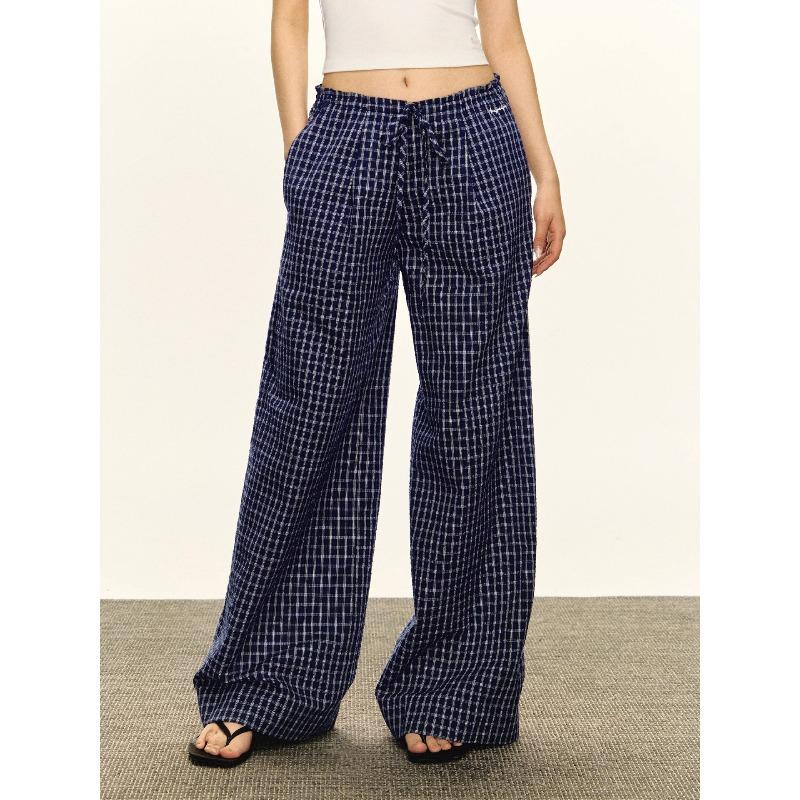 American Retro Thin Blue Plaid Casual Pants Women's Summer New Low-rise Loose Wide-leg Pants
