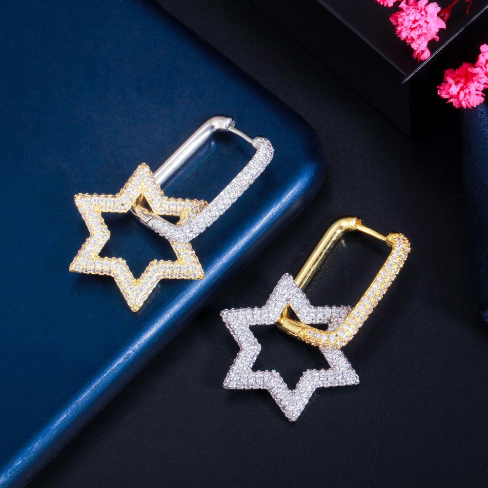 Hexagonale Geometrische Verschluss Damenohrringe Kreativer Stern Leicht Eingelegter Farbiger Zirkon Beliebter Ohrschmuck
