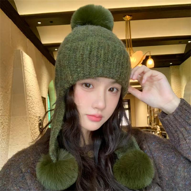 Autumn and Winter Female Cute Hairball Ear Protection Knitted Hat New Cold and Warm Face Small Wool Pullover Hat