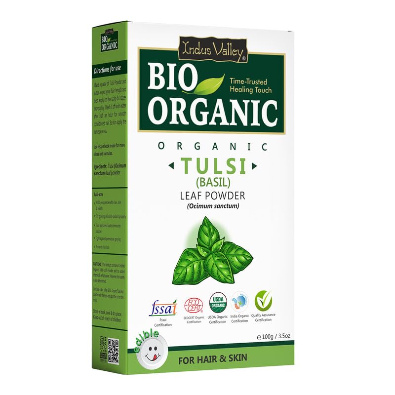 Indus Valley 100% Bio Tulsi Pulver | Natürliches Tulsi-Blattpulver für Gesichts- & Hautpflege - 100 g