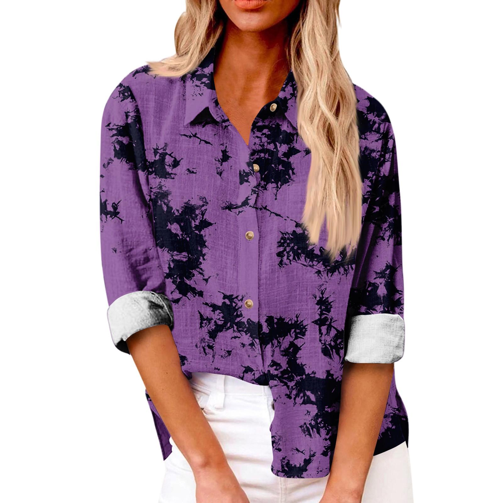 

Женский свободный топ из хлопка и льна с цветочным принтом, воротником-стойкой и длинными рукавами XL фиолетовый