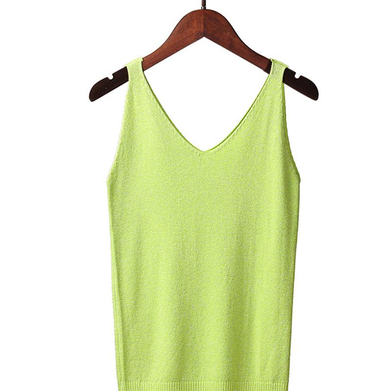 Women Summer Sexy Slim V-Neck Bright Silk Knitted Sleeveless Vest Top T-Shirt Basic Trend