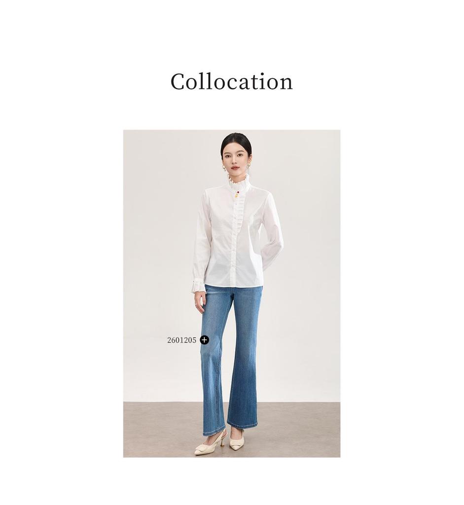 Damen Hemd aus reiner Baumwolle mit französischem Rüschenbesatz - Frühlings-Oberteil mit Micro-Flare Langarm