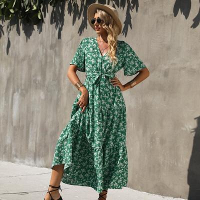 Vestido de Verão Casual Estampado Moda Linha A Casual Verde Decote V Vestidos Florais Manga Curta Elegante Vestido Boêmio Vestidos 25014
