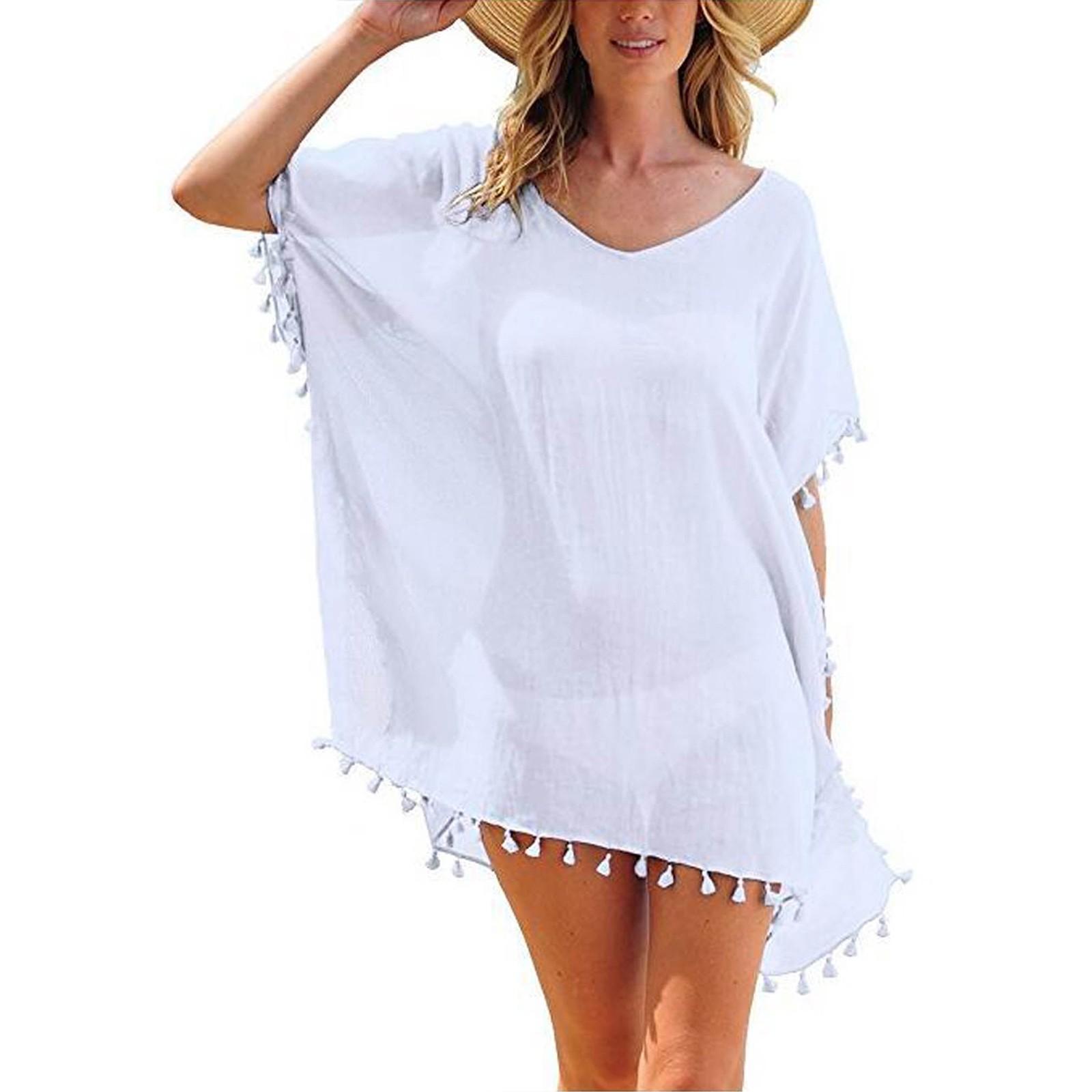 

Жіноче бікіні Cover Up Dress Swim Beach Bathing Купальник Мішкувата туніка Топи T-Shirt One Size білий