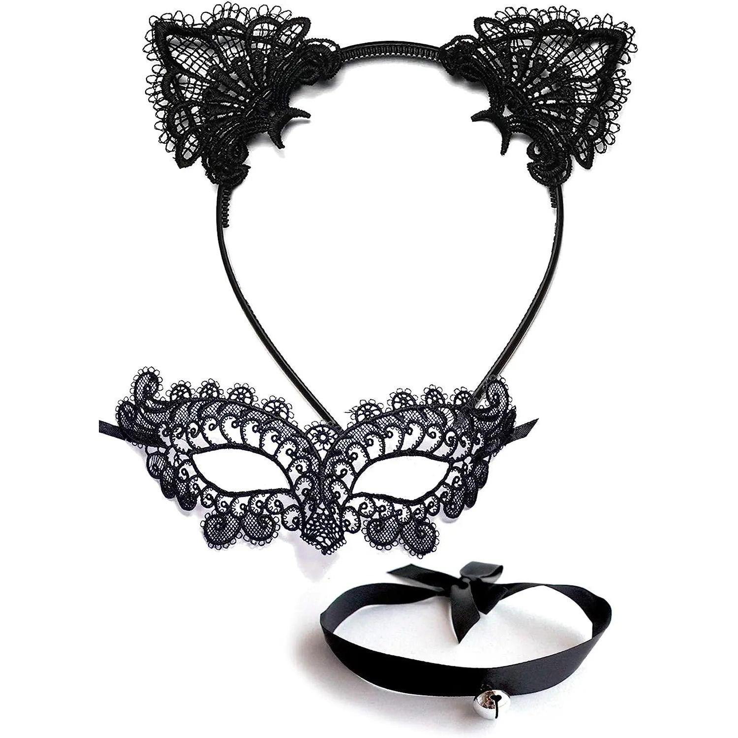 PESENAR Black Cat Costume for Women, Halloween Masquerade Mask, Lace Ears, Choker Necklace