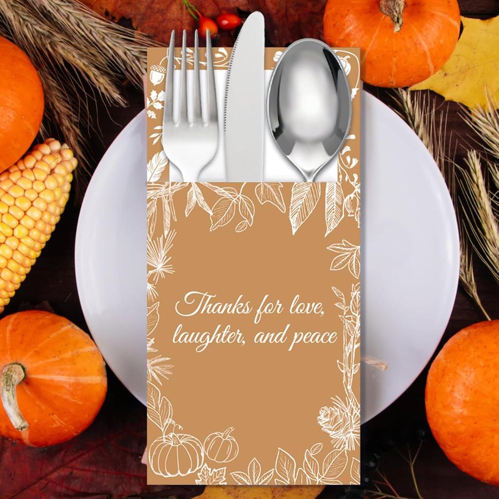 42PCS Thanksgiving Table Decor Cutlery Holder Set - 6 Thanksful Decorations Utensil Holder for Dinner Party Autumn Family Harvest Table Supplies
