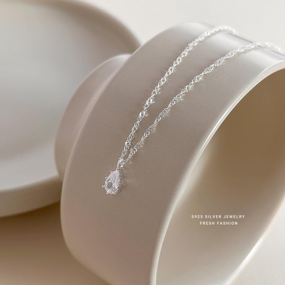 S925 Sterling Silver Crystal Rhinestone Water Droplet Shaped Square Geometric Zircon Pendant Necklaces Jewelry YB-XY-981 18inches