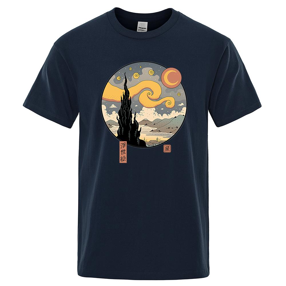 Starry Ukiyo-E Night Funny Printing T Shirts Mens Harajuku Casual Tshirts Cotton Summer Short Sleeve High Quality Street Tops