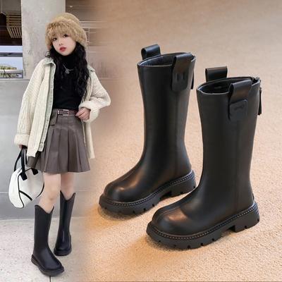 Lange und hohe Stiefel für Kinder im Winter im neuen Stil mit zusätzlichem Fleece, zwei Baumwolllederstiefel für Mädchen