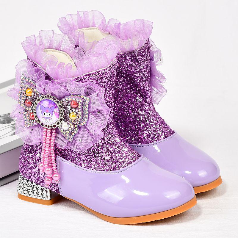 Kuromi Girls' Purple High-Heeled Ankle Boots - Velvet Lined, Warm Snow Boots for Autumn & Winter