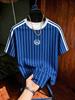 Retro Amerikanisches Tiefblau Gestreiftes Kurzarm Unisex Paar T-Shirt, Sommer, Lässig, Abschluss, Schulbeginn Dünnes Sporttrikot, Urlaub