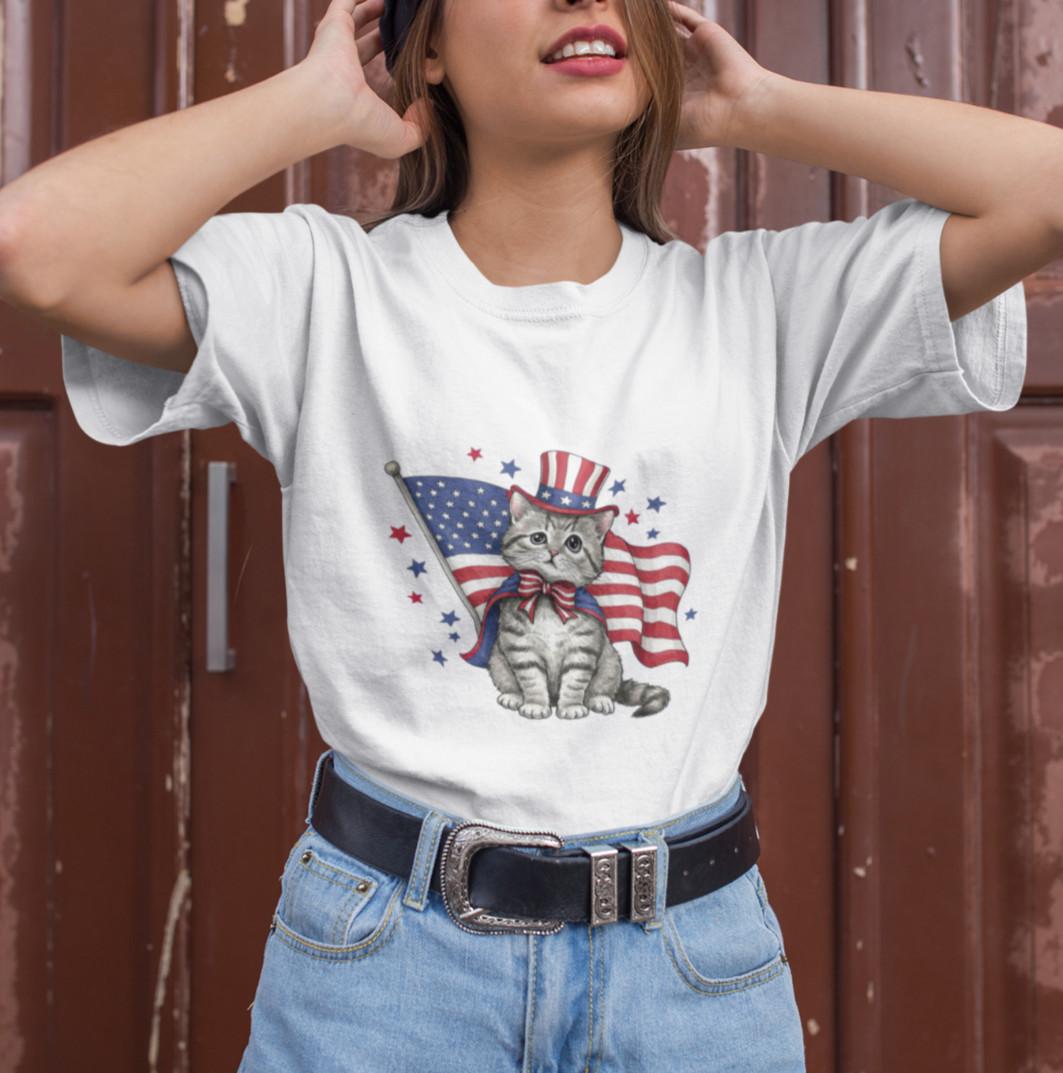 USA Flag Cat Graphic T-Shirt Men Women Patriotic Independence Day Casual Tee S