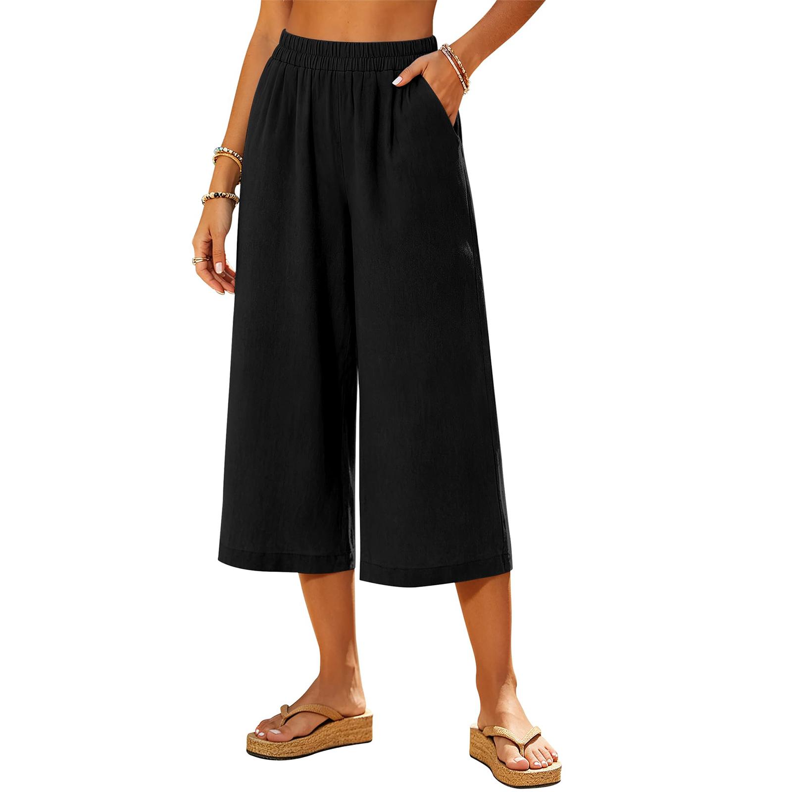 Women Wide Leg Cropped Pants with Pockets Elastic Waist Summer Beach Holiday Casual Loose Fit Trousers for Daily Wear XL