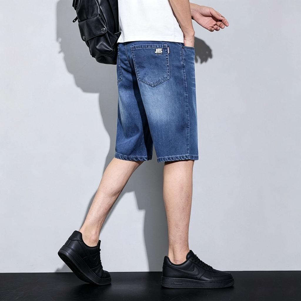 Summer thin denim shorts men's versatile ice oxygen casual pants trendy brand summer loose straight five-point breeches