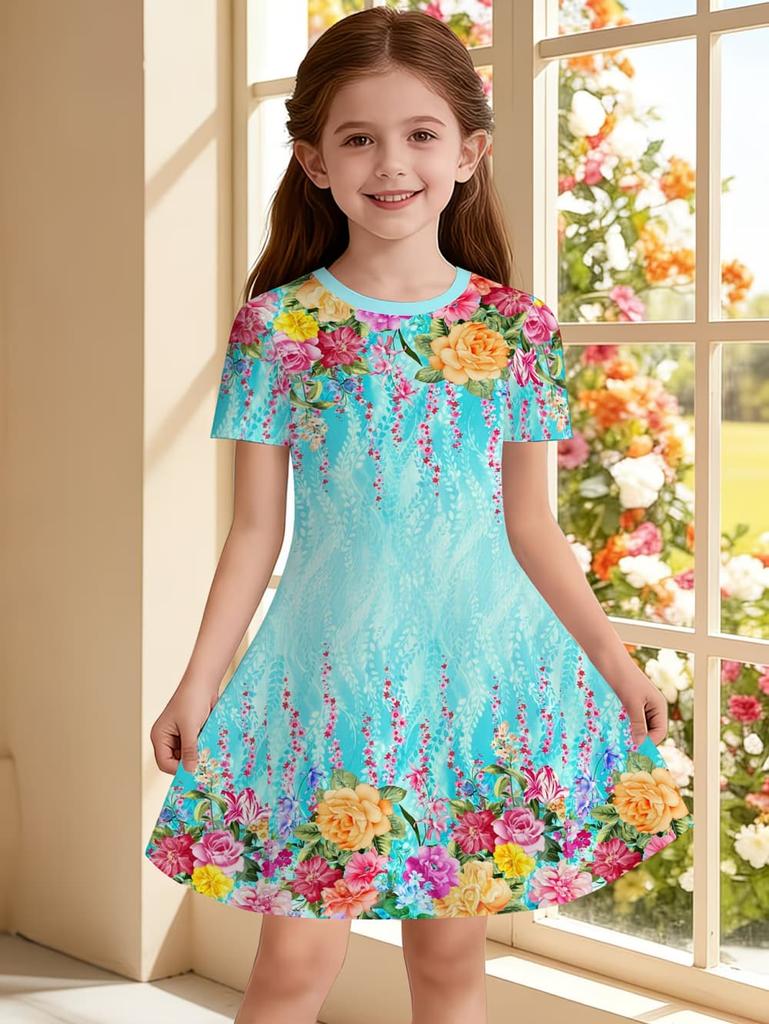 Mädchenkleider Bunt Floral Grafik Print Kurzarmkleid Sommerurlaub Süßes Mädchen Prinzessinnenkleid Mode Freizeitkleidung