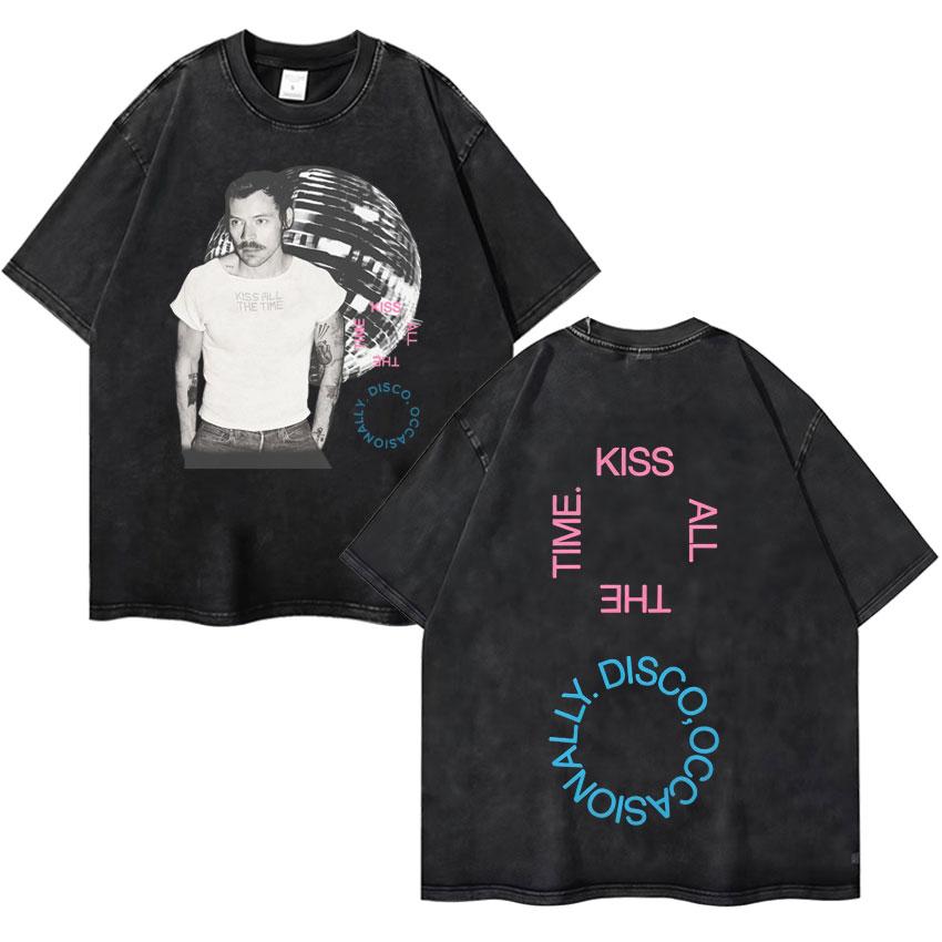 Harry Styles Küsst Immer Disco Gelegentlich Tour Hochwertig Vintage Gewaschen Rundhals T-Shirt Fan Geschenk Unisex Baumwoll-T-Shirt