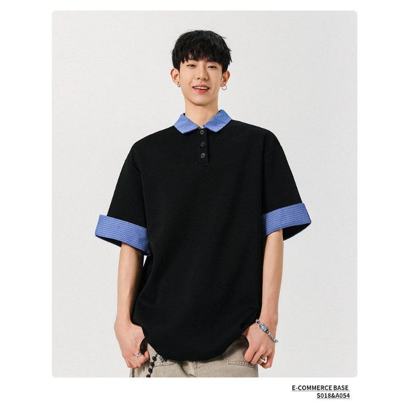 Men Loose Drop Shoulder Color Block Turn Down Collar Short Sleeve Polo T Shirt