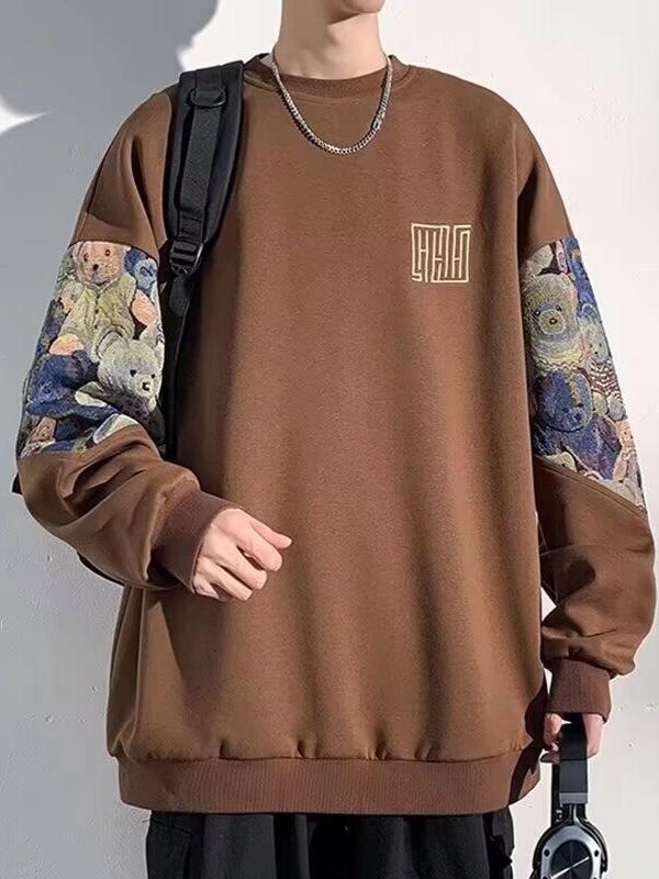 Men's Plus Size Embroidered Patchwork Sweatshirt - Loose Fit, Round Neck, Spring/Autumn Trend.