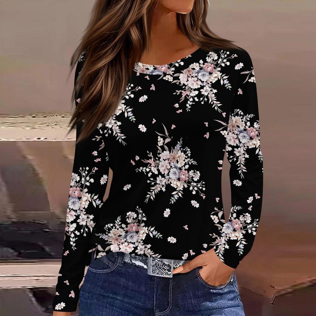 Dames casual T-shirt met split aan de zoom, ronde hals, lange mouwen en losse print.