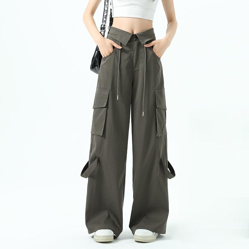 High Waist Flip Straight Work Pants for Women's Spring and Summer Thin Pants Casual and Versatile Loose Wide-leg Pants