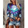 Women Halloween Long Sleeve T‑Shirt Cute Ghost Haunted Castle Pumpkin Bat Print Crew Neck Casual Tops