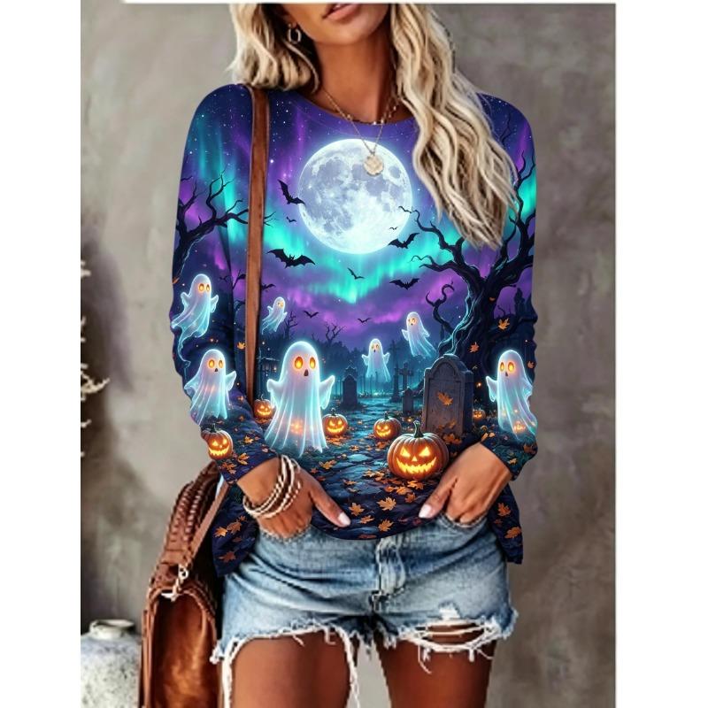 Women Halloween Long Sleeve T‑Shirt Cute Ghost Haunted Castle Pumpkin Bat Print Crew Neck Casual Tops