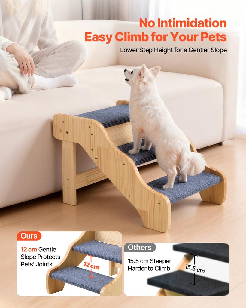VEVOR Wood Pet Stairs, 3-Step Dog Stairs for High Beds, Sofa & Cars, 68 Kg Load Capacity, Non-Slip Surface
