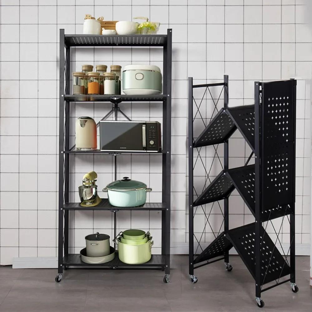 Installation-Free Multilayer Bookshelf Multifunctional Floor Type Microwave Oven Rack Foldable Movable Living Room Storage Rack