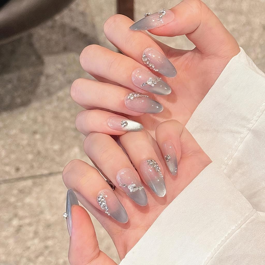 10pcs High-end Light Luxury Silver Cat-eye French Diamonds Handmade Fake Nails, Almond Nail Girly Nail Decoration Patch