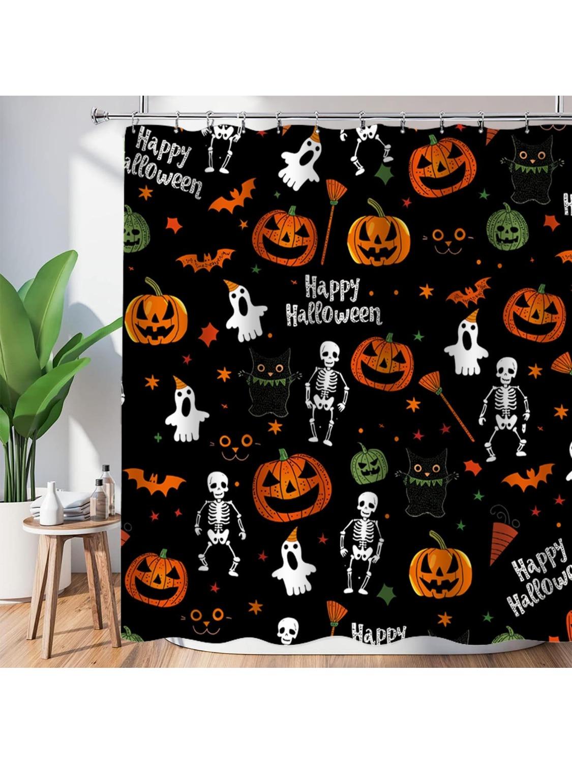 

Halloween Shower Curtain,Black Fall Shower Curtains For Bathroom,Horror Skeleton Halloween Curtains Ghost Shower Curtain Set For W60H190(CM)-1 Pcs