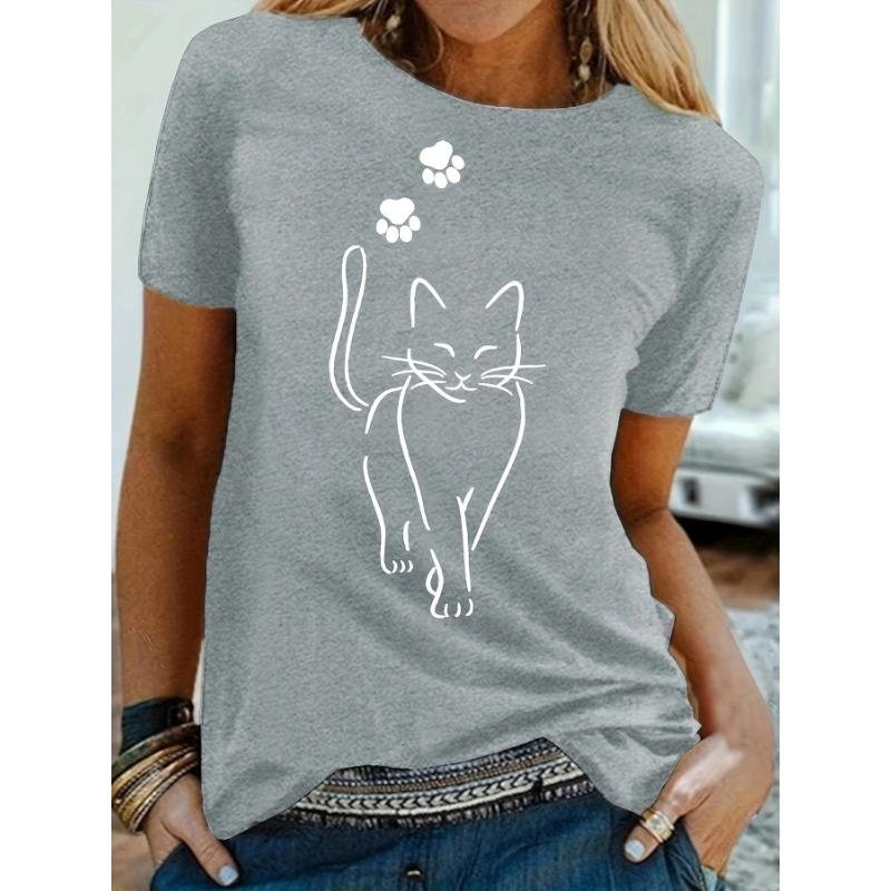Plus Size Casual T-shirt Women's Plus Cute Cat Paw Print Short Sleeve Round Neck Medium Stretch T-shirt