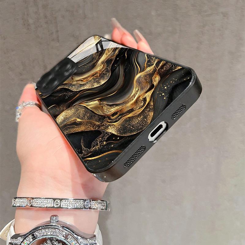 Golden Gradient Line Splice Pattern Tempered Glass Phone Case For iPhone 17 16 Pro Max 15 14 13 12 11 16E 7 8 Plus XR XS X Cover