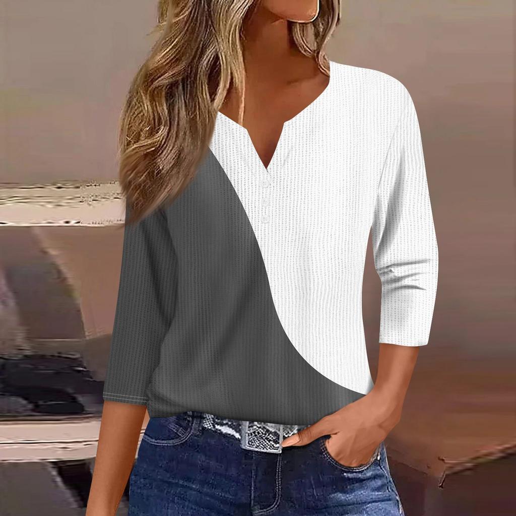 Women's T Shirt Tee Print Button 3/4 Sleeve Knit Sweater Daily Weekend Fashion Basic V- Neck Regular Top