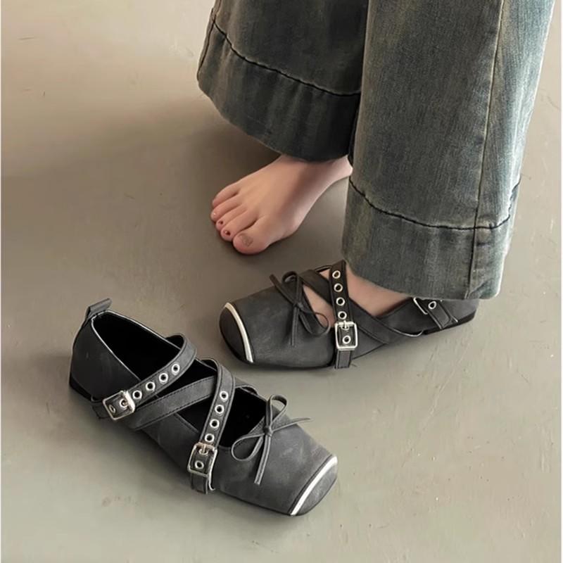 Korean version design bow Mary Jane women's shoes spring and summer new fashion light mouth square head cross buckle flat shoes