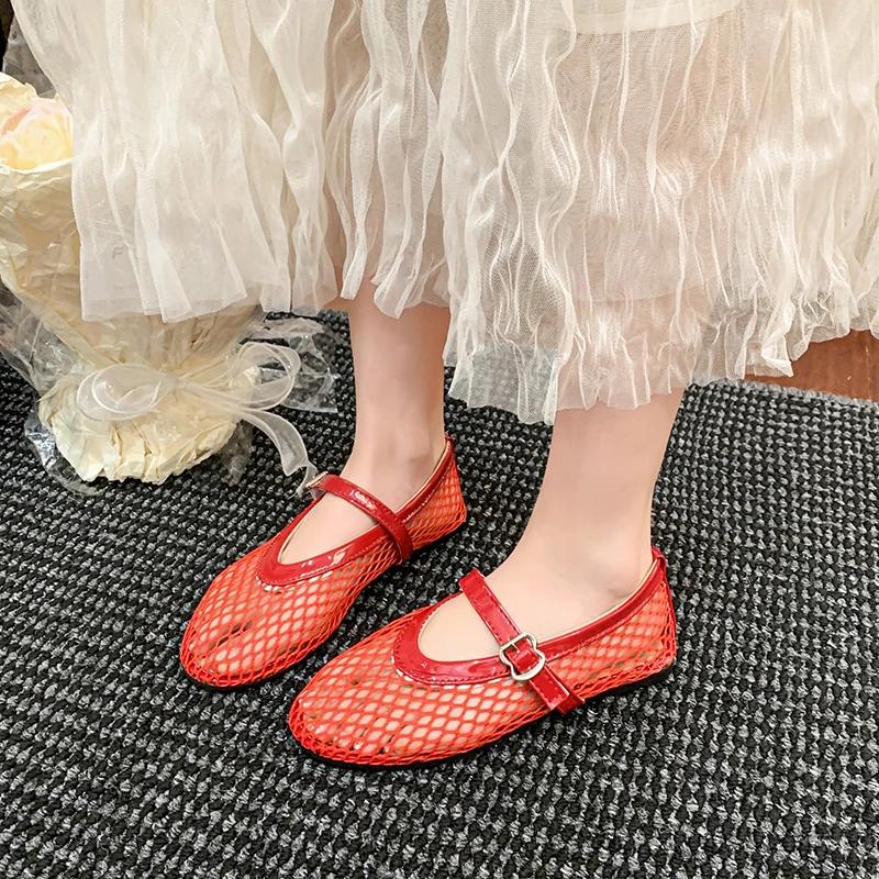 Fashion Mesh Ballet Shoes Women's Spring and Summer New Round Toe Shallow Mouth Cutout Mesh Breathable Flat Sandals