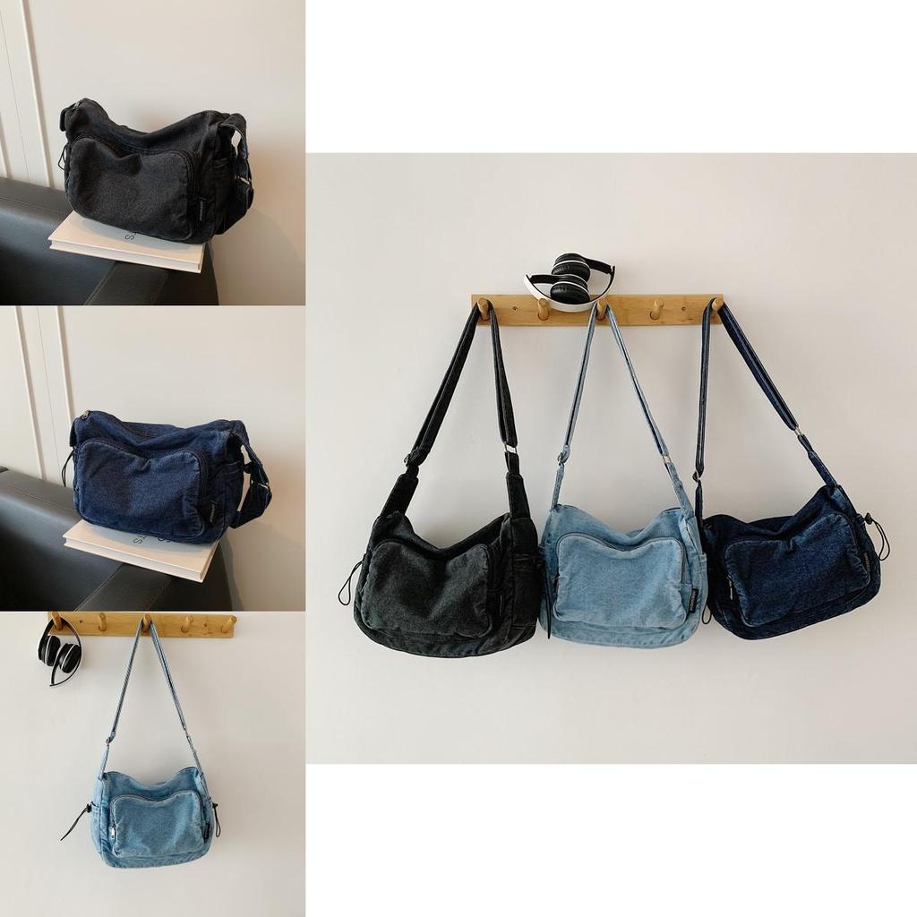 Minimally Drawstring Design Multiple Pockets Women Casual Shoulder Denim Bag For Casual Daily Use