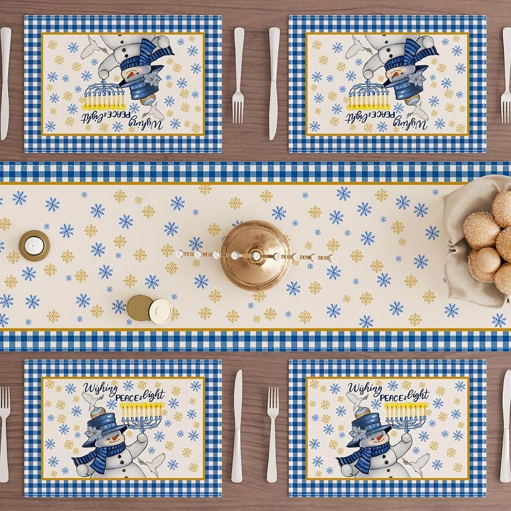 4/6pcs Set Hanukkah Snowman Menorah Dove Snowflake Placemats, Suitable for Home Kitchen Dining Room Parties Indoor/Outdoor Decoration, 12x18 Inches