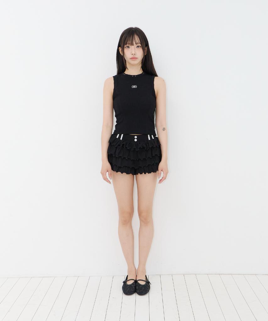 Kaindeussaipeo Ribbed Lace Tiered Skirt Black