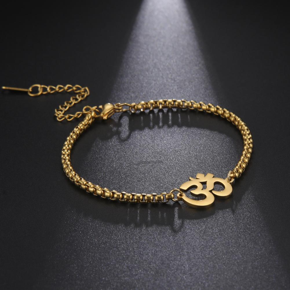 Titanium Steel Gold Plated Yoga OM Symbol Pendant Necklace Box Chain Bracelet Set Fashion Unisex Jewelry