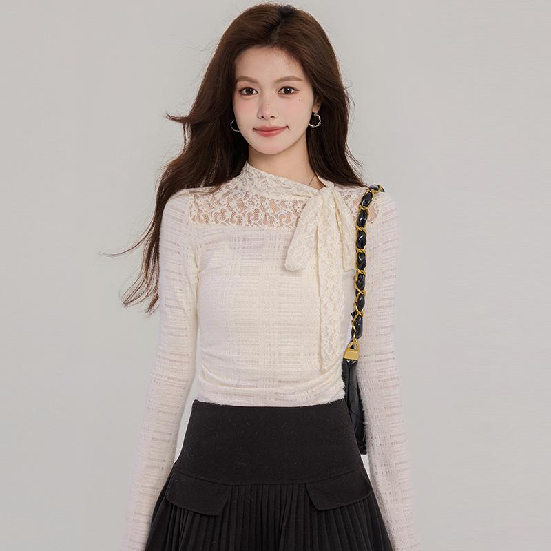 Women's Spring High Neck Lace Base Layer Tee, Slim Fit Long Sleeve Top, Unique and Stunning