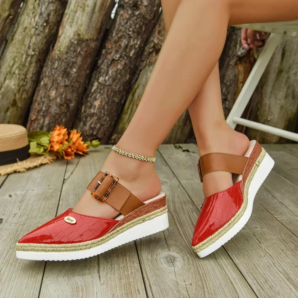 Large Size Spliced Color Headed Sandals with Rope Weave Thick Heel Slip-On Women's Shoes Lightweight Rubber Bottom Casual Slippe