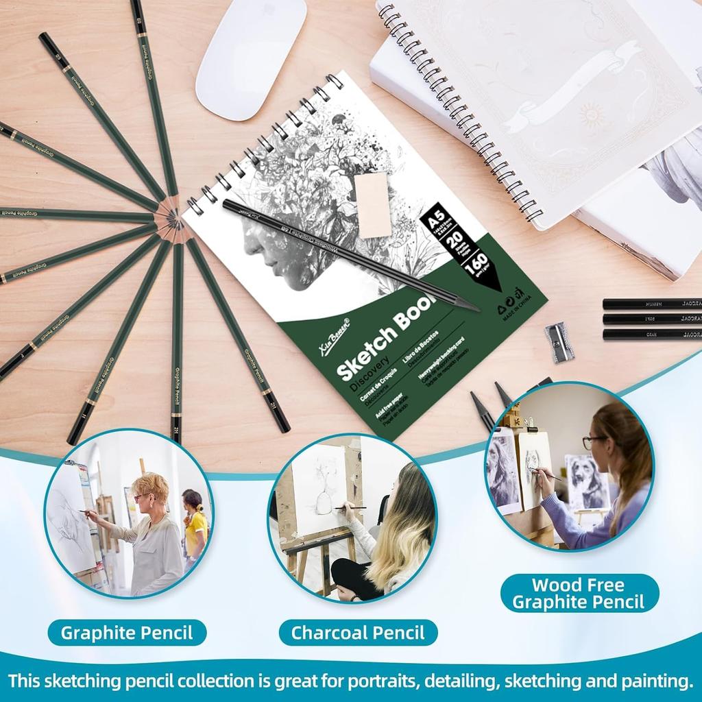 Roseelf Drawing Pencil A4 Sketchbook with 160GSM for Sketching and Drawing and More for and for and Professional Artists Sketchbook 19-Piece Set,