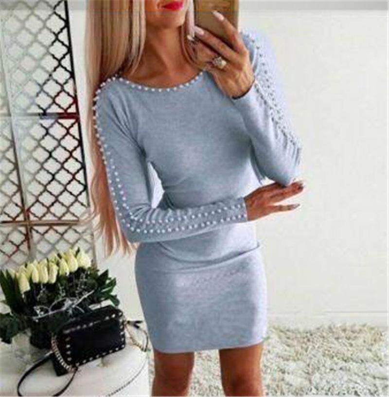 Jesień/Zima Europejska i Amerykańska Wyszczuplająca Sukienka A-line z Koralikami Bodycon - Długi Rękaw, Seksowny Krój