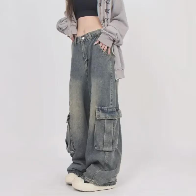 Retro Volné High Street Prané Americké Rovné Džíny na Jaro & Podzim