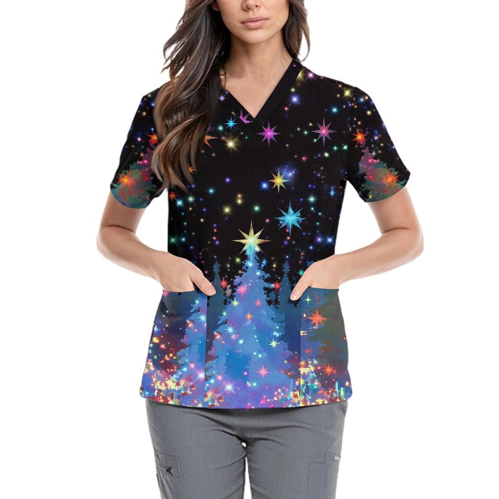 Women's Cute Bow Printed Work Clothes V-neck Double Layer Pockets Basic Short Sleeve Top Pullover