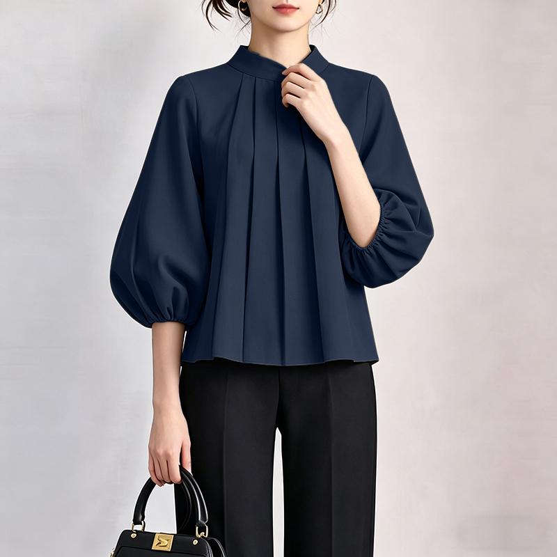 

ZANZEA Elegant Womens Stand Collar Casual Puff 3/4 Sleeve Loose Blouse S тёмно-синий